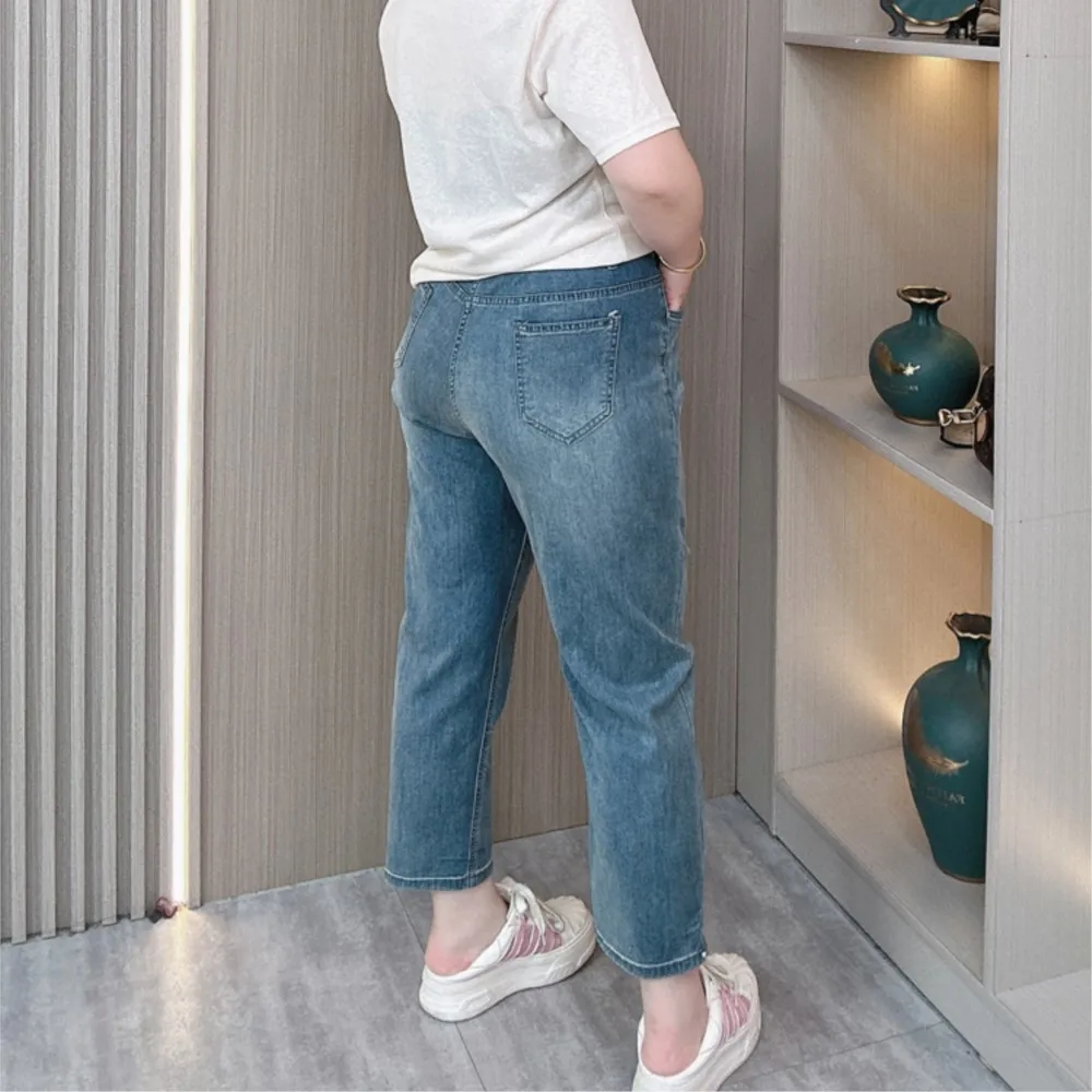 Calça harém no comprimento do tornozelo, jeans azul escuro, plus size, elástico na cintura, solto, emagrecedor, fino, casual, reto, verão