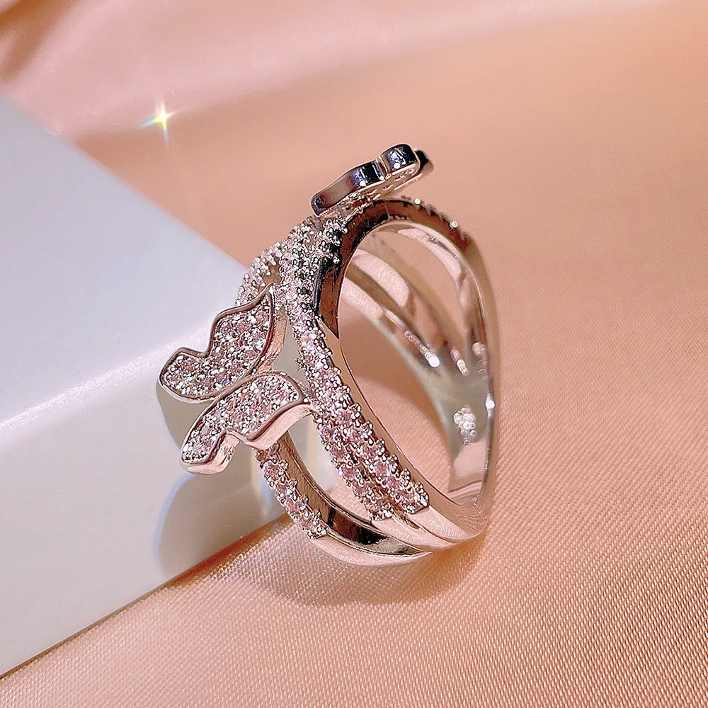 NEW Delicate Super-Shimmering Couple Ring For Women High-End Double Bow Openwork Diamond Silver-Plated Banquet Gift Jewelry