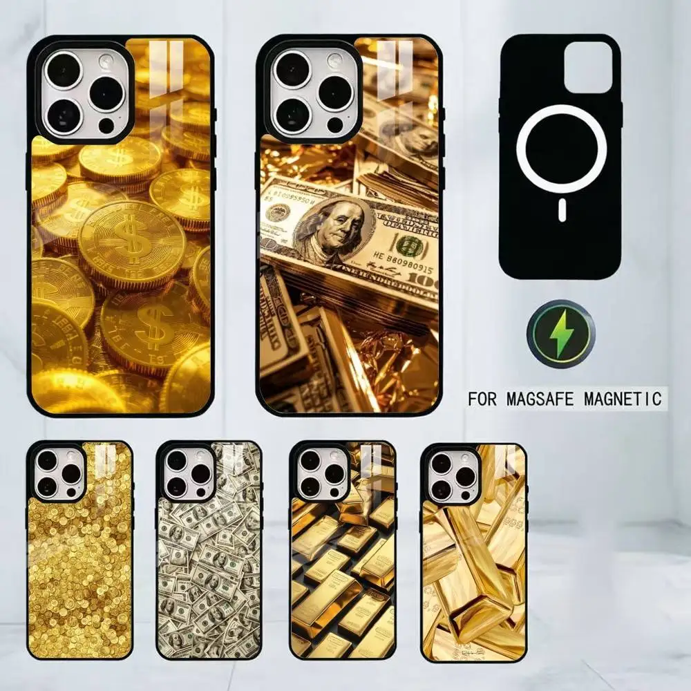 Money Gold Art Phone Case For iPhone17,16,15,14,13,12,11 Plus,Pro Magnetic For Magsafe Wireless Charging