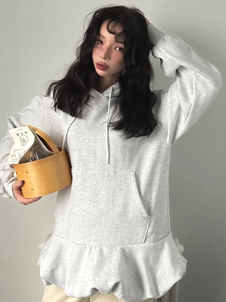 Retro Chic Long Sve Hoodie Dames Loose Fit Patchwork Bell Bot Halflang Sweatshirt Pendelen Sle Kleur