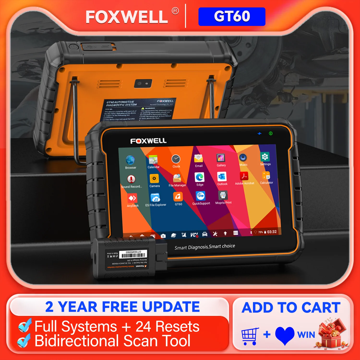 

Foxwell GT60 OBD2 Diagnostic Scan Tool Full System Scan Car Code Reader 24+ Reset Service OBD 2 Automotive Scanner