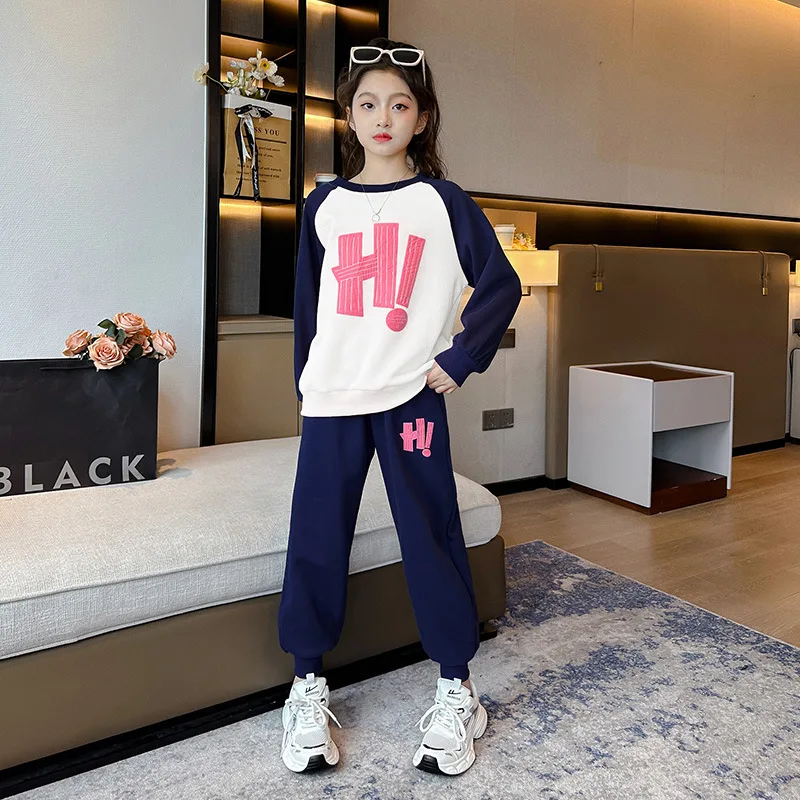 2024 New Spring Autumn Girls Hoodie Set Children Long Sleeve Top + Trousers Two-piece Suit Big Kids Sportswear Outfits 5-14Years