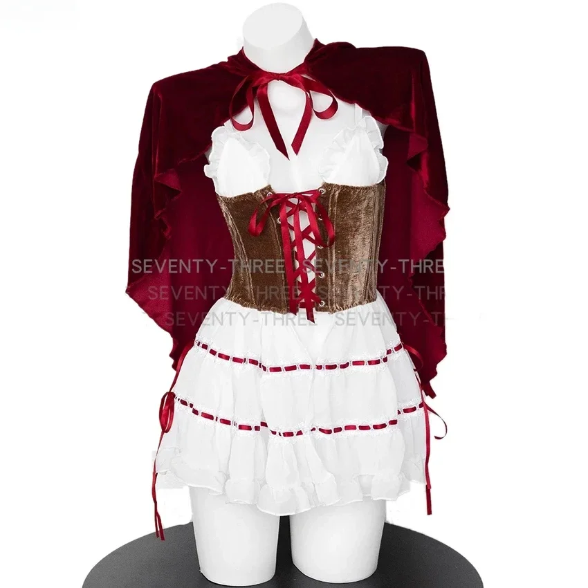 

Christmas Fairy Tale Little Red Riding Hood Stage Performance Costume Velvet Suspenders Hooded Cloak Role Play Pajamas Set 2025