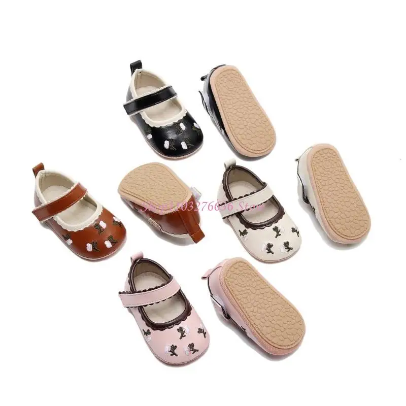 R6FD Flower Embroidery Shoe Baby Girl Shoes Crib Shoe for Newborns Preawalker Shoes Baby Jane Flats Princess Dress Shoes