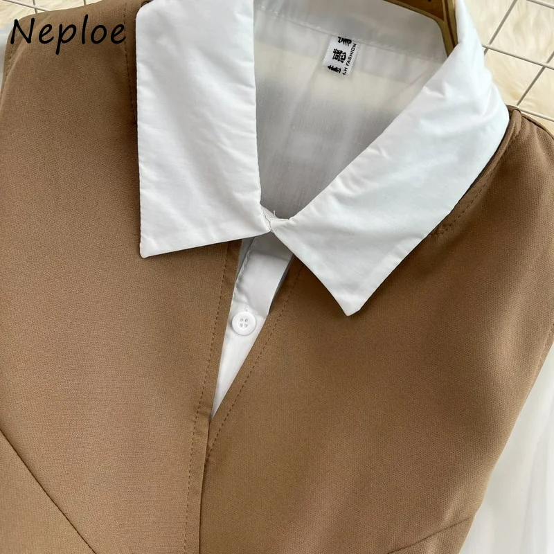 Neploe Turn Down Collar Long Sleeve Single-breasted Dress Suit+solid Color Sleeveless Vest Top Outfits Korean Chic 2pcs Set