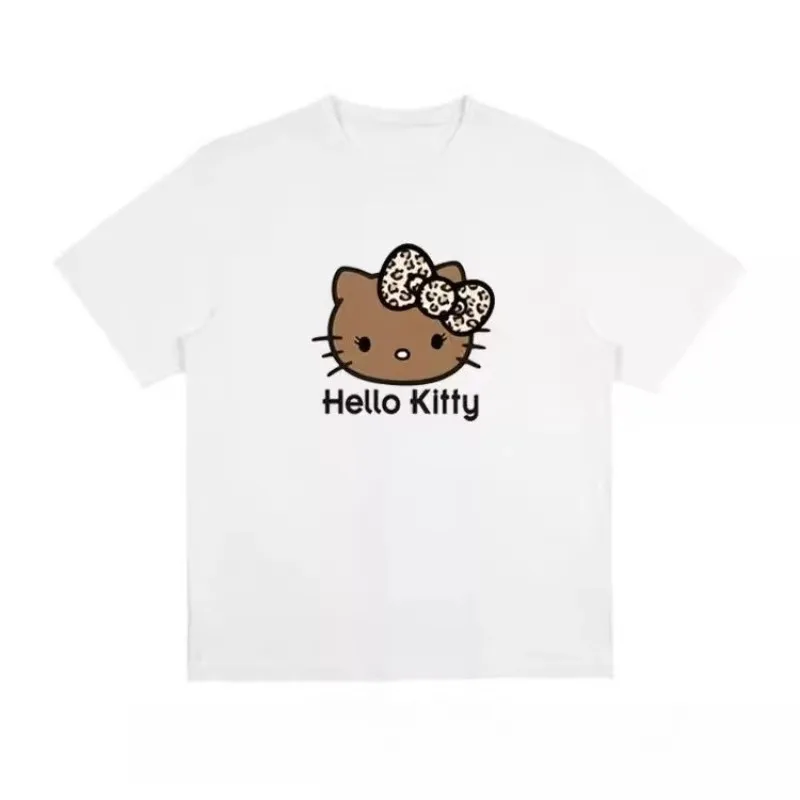 Camiseta de Hello Kitty con estampado de leopardo de estilo millenario del día de la moda para niñas, media manga ajustada de algodón puro con cuello redondo de verano
