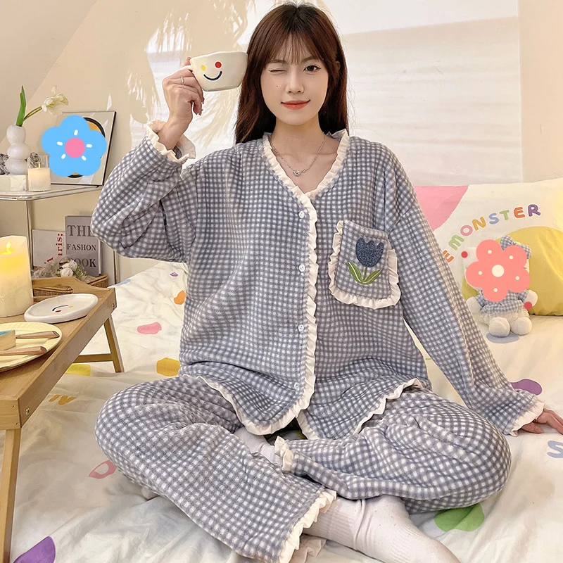 

Фланелевой женский пижамный комплект, кардиган в сетку с длинными рукавами, зимняя милая однотонная хлопковая одежда для сна, домашняя одежда, уютная одежда для дома, костюм