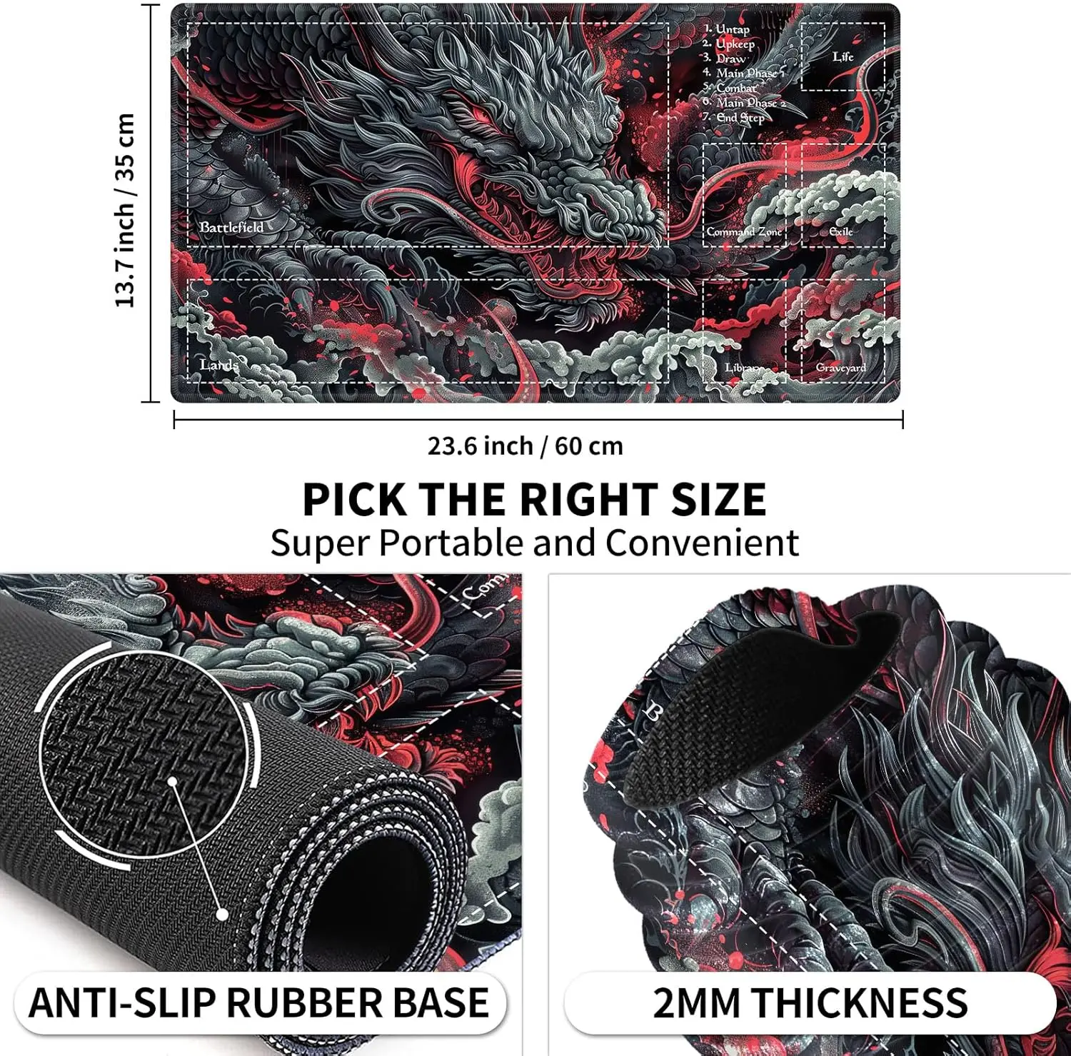 MTG Game Playmat TCG Play Mat for MTG TCG 24 x 14 inches Trading Card Inked Game Playmats with Smooth Rubber Surface Battle Game