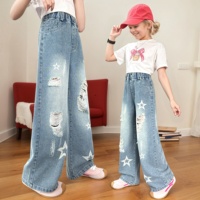 Girls' five-pointed star printed ripped wide-leg pants 2025 summer  straight-leg pants suitable for 5-15 years old wear pants