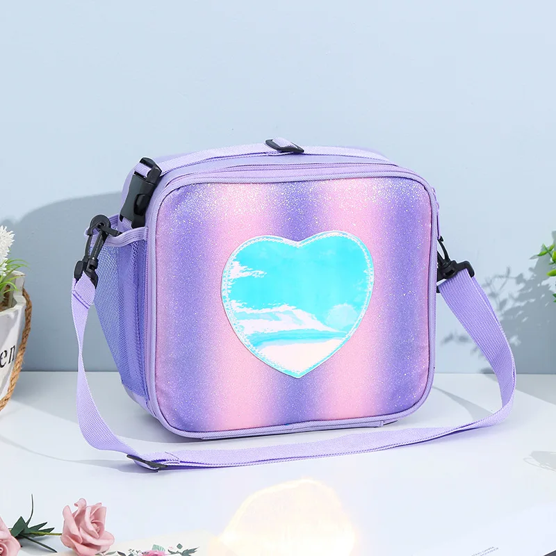 Bolsa de almuerzo láser con corazón amoroso arcoíris, bolsa Bento portátil para niños, bolsas escolares con aislamiento térmico