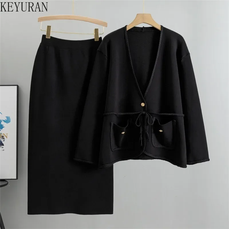 Autumn Winter Elegant Knitted Skirt Set Women Korean Long Sleeve Sweater Cardigan + Casual Skirt Suit Office Lady Two-piece Sets