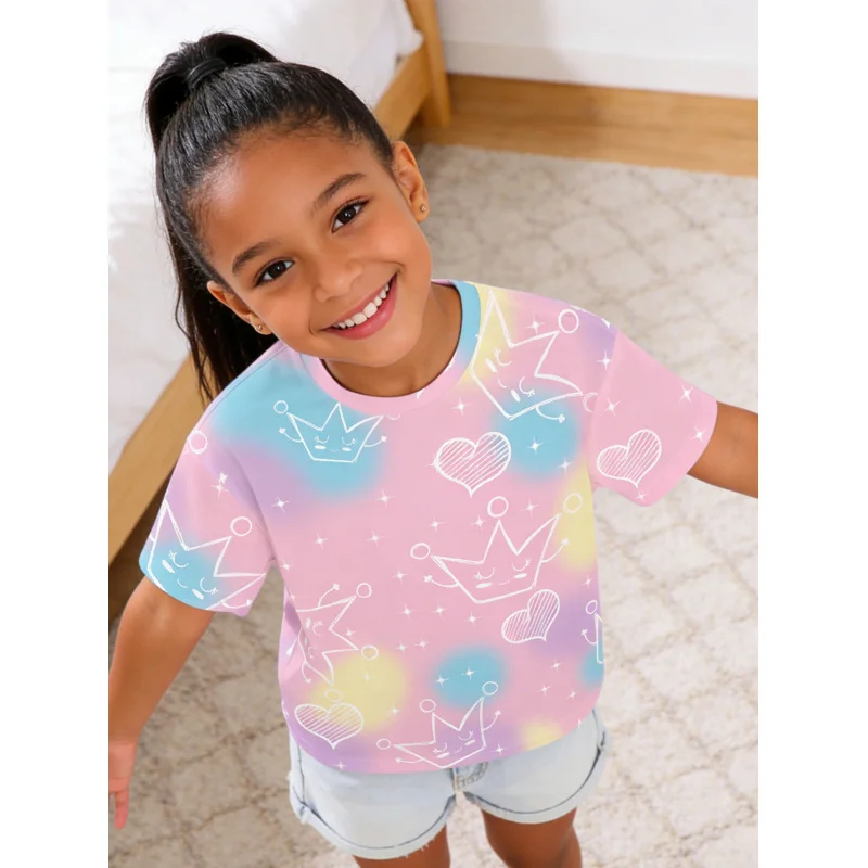 2026Girls' pink, blue, and yellow gradient tie-dye crown heart short-sleeve shirt T Shirt Casual top