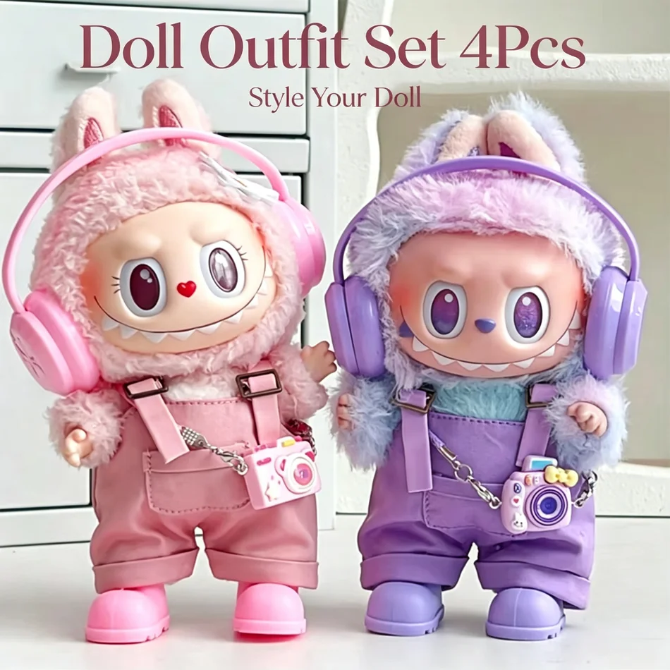 4Pcs Mini Labubu Doll Outfit Set Cute Headphones Overalls Camera Charm Shoes Dress Up Fashion Photo Accessories Lovely Gift