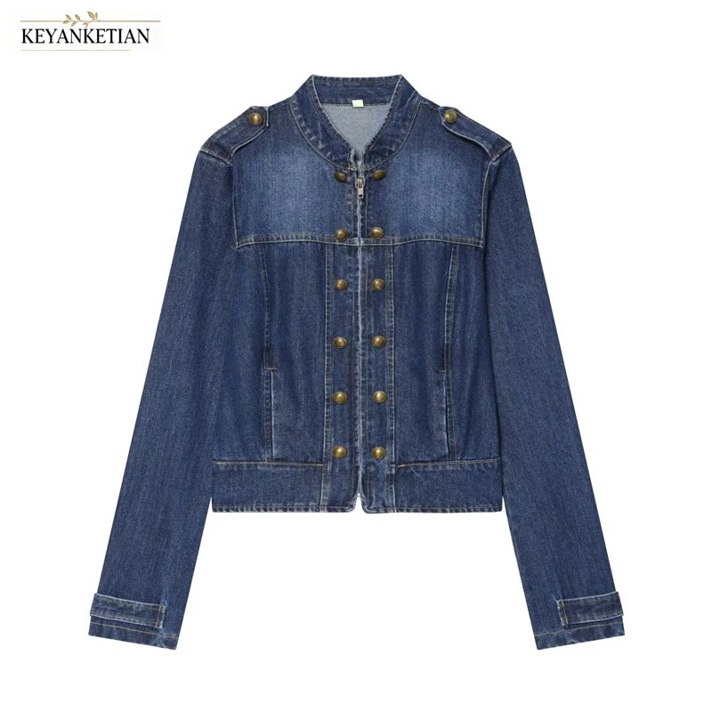 KEYANKETIAN 2026 Dark Blue Cropped Denim Jacket Stand Collar Epaulet Double Row Bronze Button Zip Front Pocket Outerwear Coat