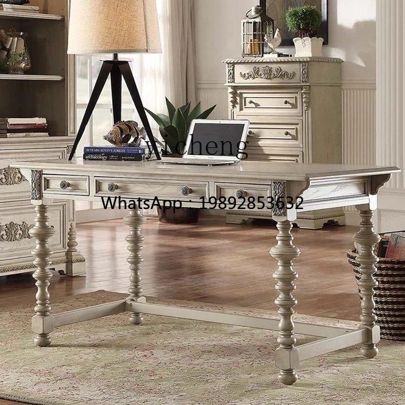 Solid Wood Desk Vintage Oak Desk French Antique Distressed Light Luxury