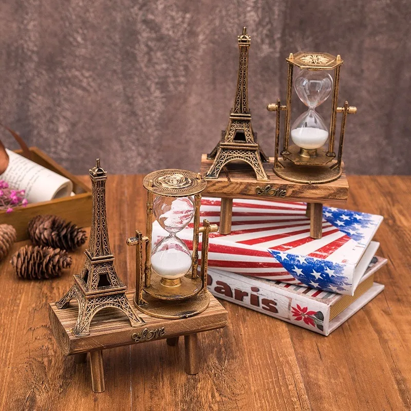 Retro torre Eiffel clessidra casa kawaii decorazione della stanza ornamento sul desktop semplice casa moderna pendolo in legno timer sabbia