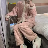 Thickened Long Plush Sleepwear V-Neck Home Clothes Set for Women Cute Sweet Coral Fleece Winter New Arrival Autumn Winter