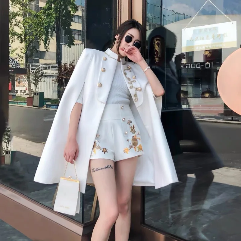 Double Breasted Military Long Wool Cape Shawl Jacket Women British Chain Embroidery Winter Casual Party Work Wool Coat 2023