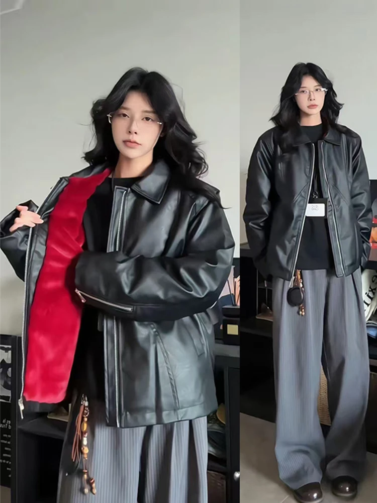 

American Style Thickened Fleece Lined PU Leather Jacket Men's Winter Coat High Quality Cool Motorcycle Clothes Standard Fit