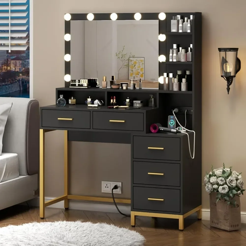 The Dressing Table Comes with A Illuminated Mirror and Power Socket, with 5 Drawers, 2 Storage Compartments, and Shelves