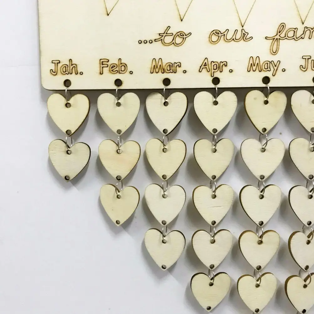 

Wooden Birthday Calendar Family Reminder Wall Hanging Decor DIY Wooden Heart Tags Iron Rings for Anniversary Wedding Valentine
