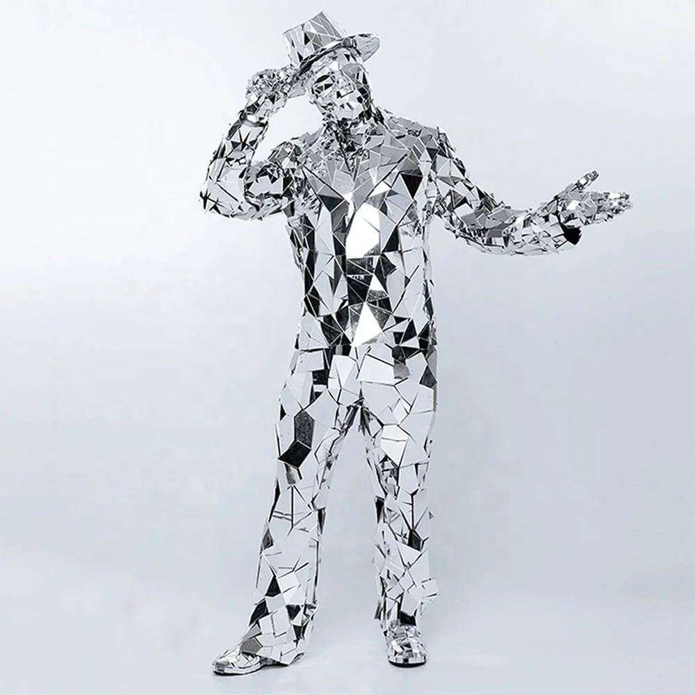 Glass future show wear nightclub cloth Men silver mirror costume stage show robot dance suits party dance mirrors costumes