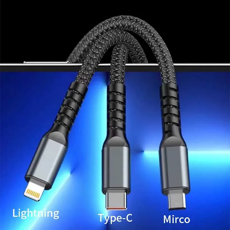 100W LED 3 In 1 Digital Display  USB cable Type C Usb Micro For Iphone Samsung Huawei Xiaomi Multi Port Multiple Charging Wire