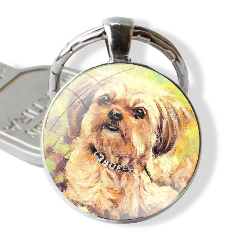 lovely Shih Tzu puppy dogs Glass Metal Pendant Key Chain Classic Men Women Key Ring Accessories Jewelry Gifts