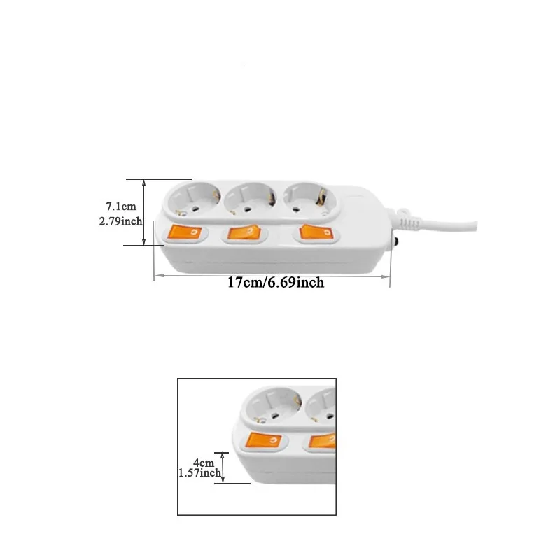 Power Strip Surge Protection 3 Outlets EU Socket Plug Electrical Extension Sockets Independent Switches 1.5/2.5m Cord