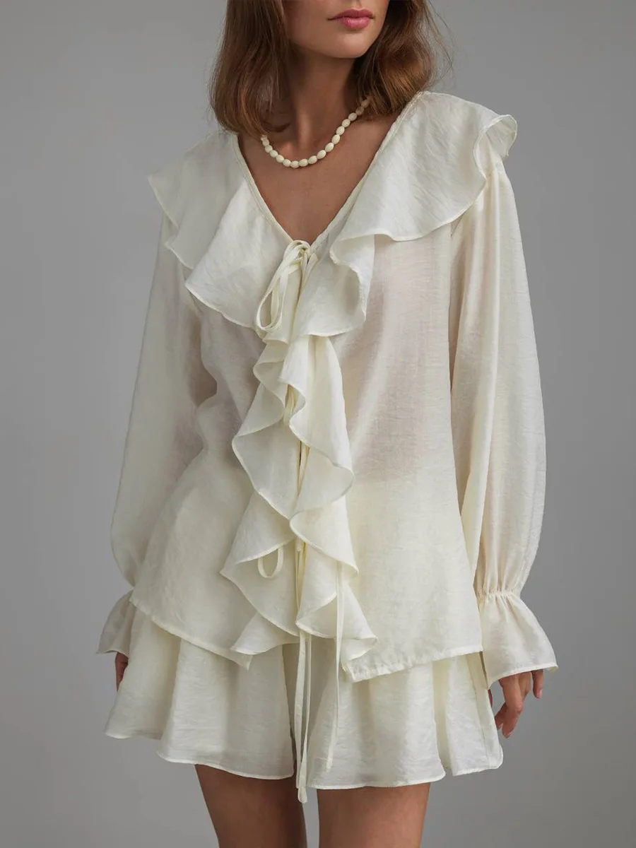 

French Style 2 Pieces Set for Women Ruffles V-neck Lace-Up Chiffon Shirts+Shorts 2025 New Summer Loose Office Lady Shorts Set