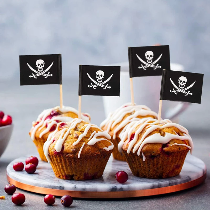 10pcs Pirate Cocktail Toothpick Black Flags Cupcake Topper Skull Cap Pick Pirates Theme Kids Birthday Party decor