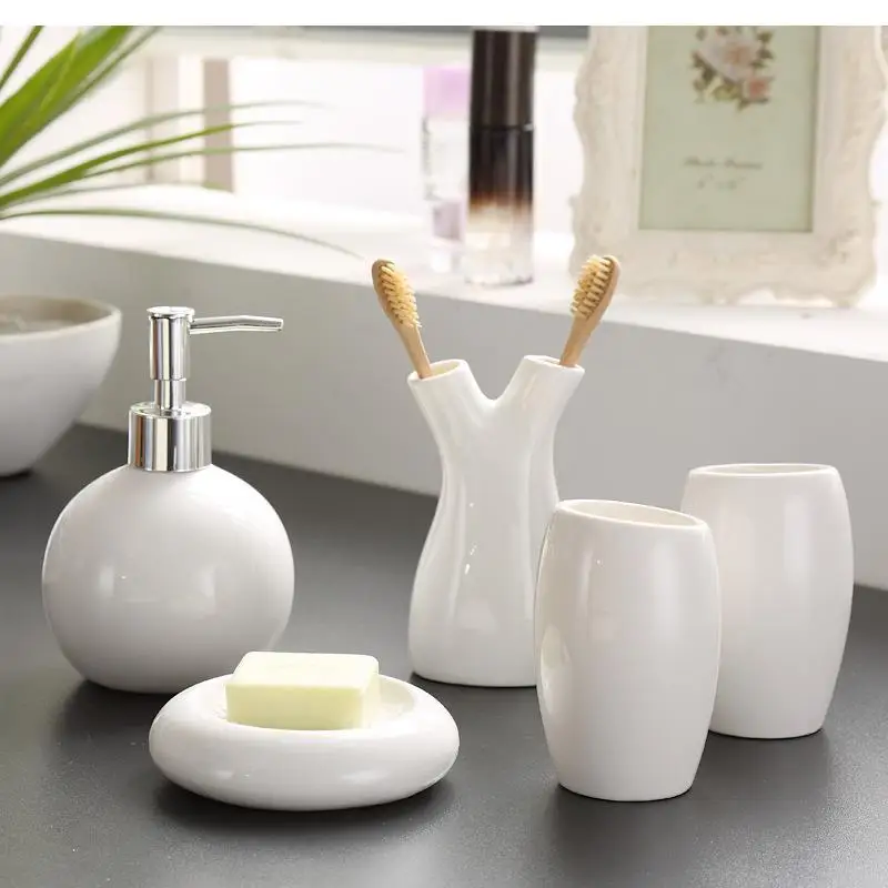 

Modern Wash Five Piece Set Ceramic Soap Rack Toothbrush Holder Mouth Cup Liquid Soap Bottle Container Bathroom Accessories Set