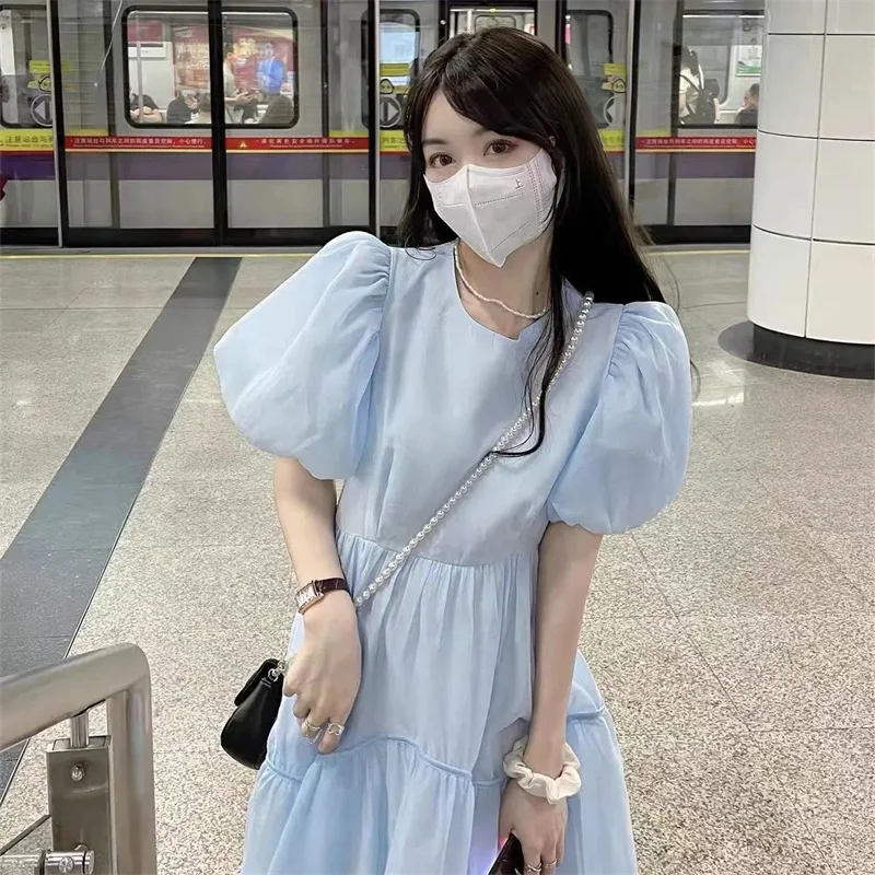 2026 Summer Blue Bubble Sleeves First Love Dress Female Academy Style Super Fairy Forest Design Sense Student Medium Long Dress