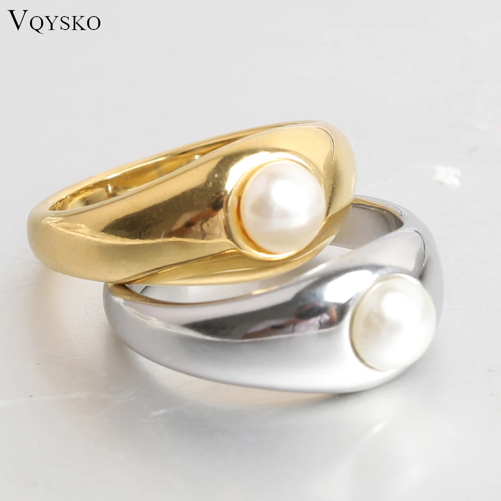 VQYSKO Chic Single Pearl Ring Chunky Stacking Finger Ring Simple Minimalist Couple Anniversary Jewelry