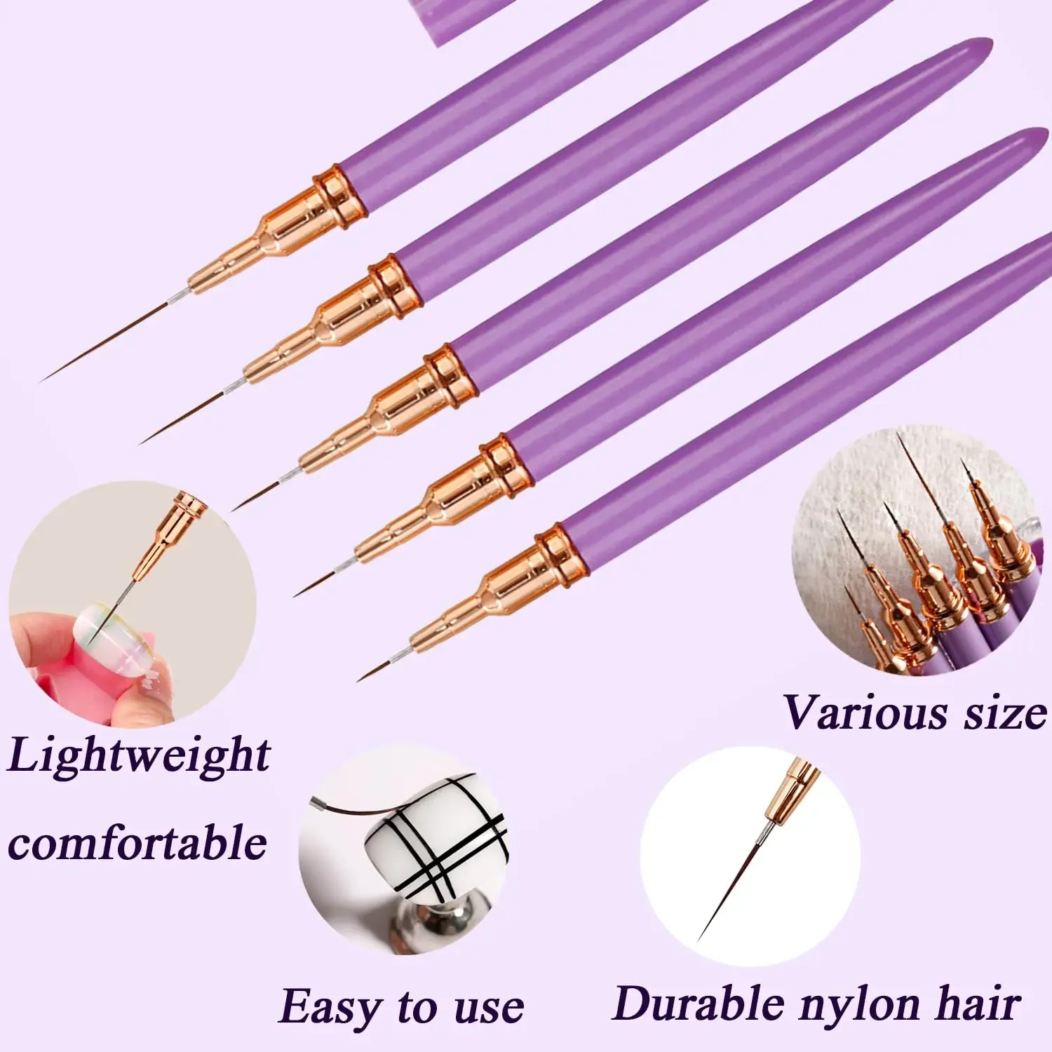 YIKOOLIN 5pcs Nail Art Liner Brush Set UV Gel Nail Brushes Kit for French Stripe Line Painting Drawing Flower Manicure Tool image 3