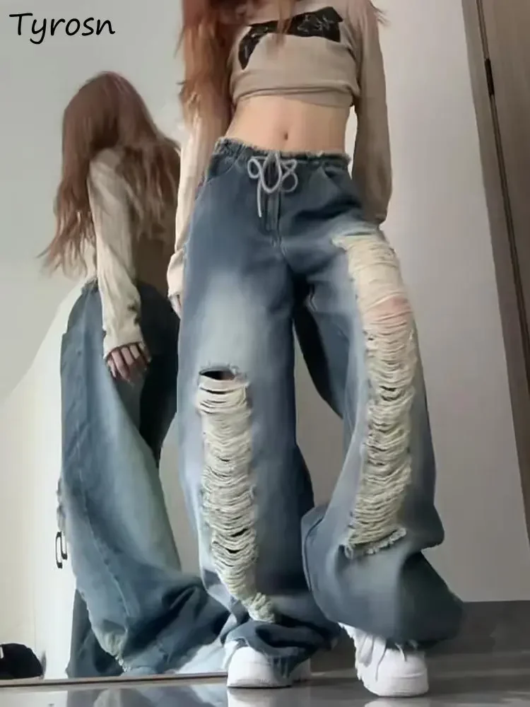

Мешковатые рваные джинсы для женщин, шикарная уличная одежда, милые широкие брюки в стиле хип-хоп, модные школьницы, универсальные брюки на шнурке BF