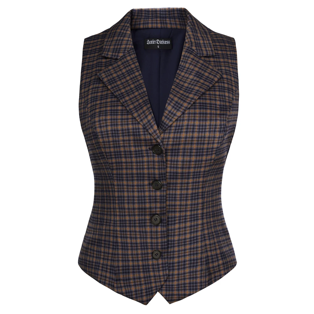 SD Women Jackets Vest Vintage Renaissance Plaided Vest Coat Sleeveless Lapel Handkerchief Hem Single Breasted short Coat