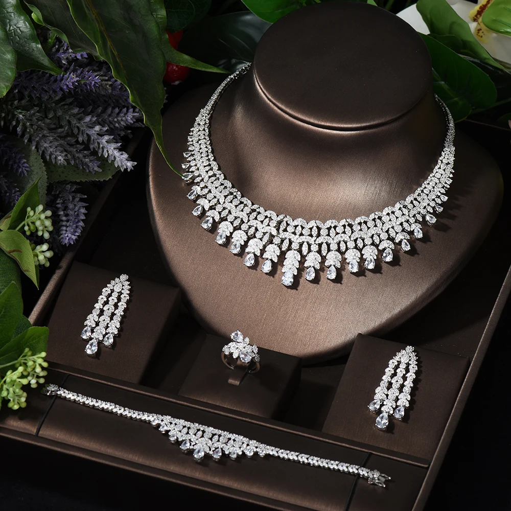 HIBRIDE Fashion Water Drop Wedding Jewelry Sets Charm Zirconia Women Accessories Necklace Earrings 4pc Sets Bridal Jewelry S-026