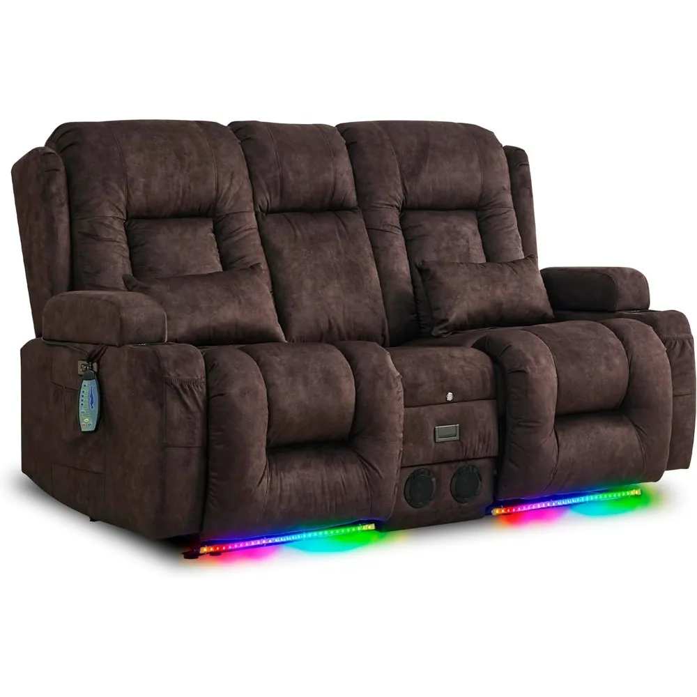 Loveseat Recliner Sofa, Home Theater Seating with Backrest Console, LED Ambient Light, Bluetooth Speakers, Built-in Outlets