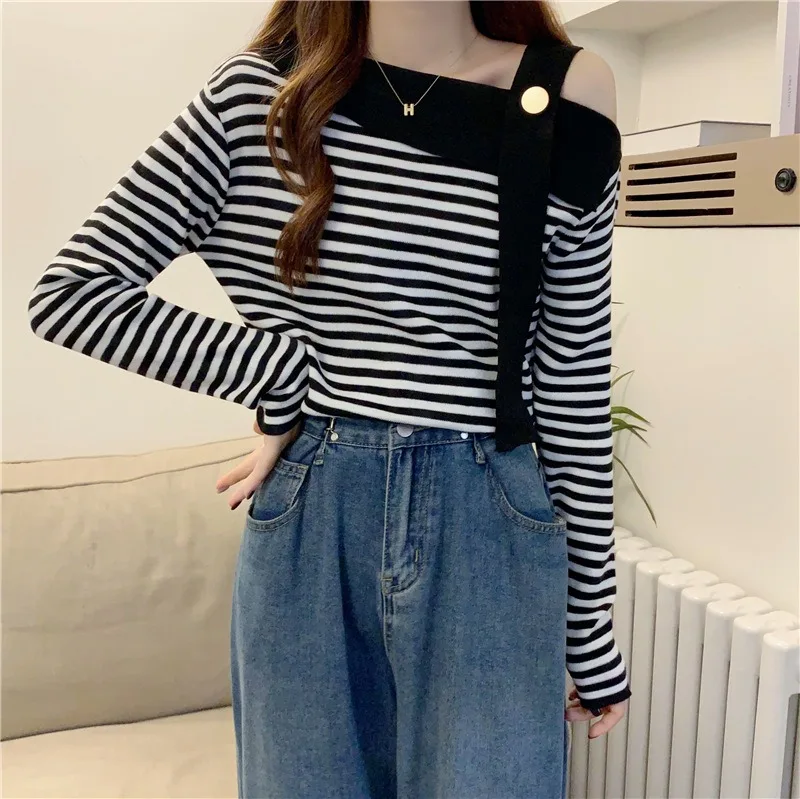 여성 여름 스웨터 한국 패션 스트라이프 우아하고 세련된 섹시 니트 풀오버 탑 시크 반팔 점퍼 의류 2025