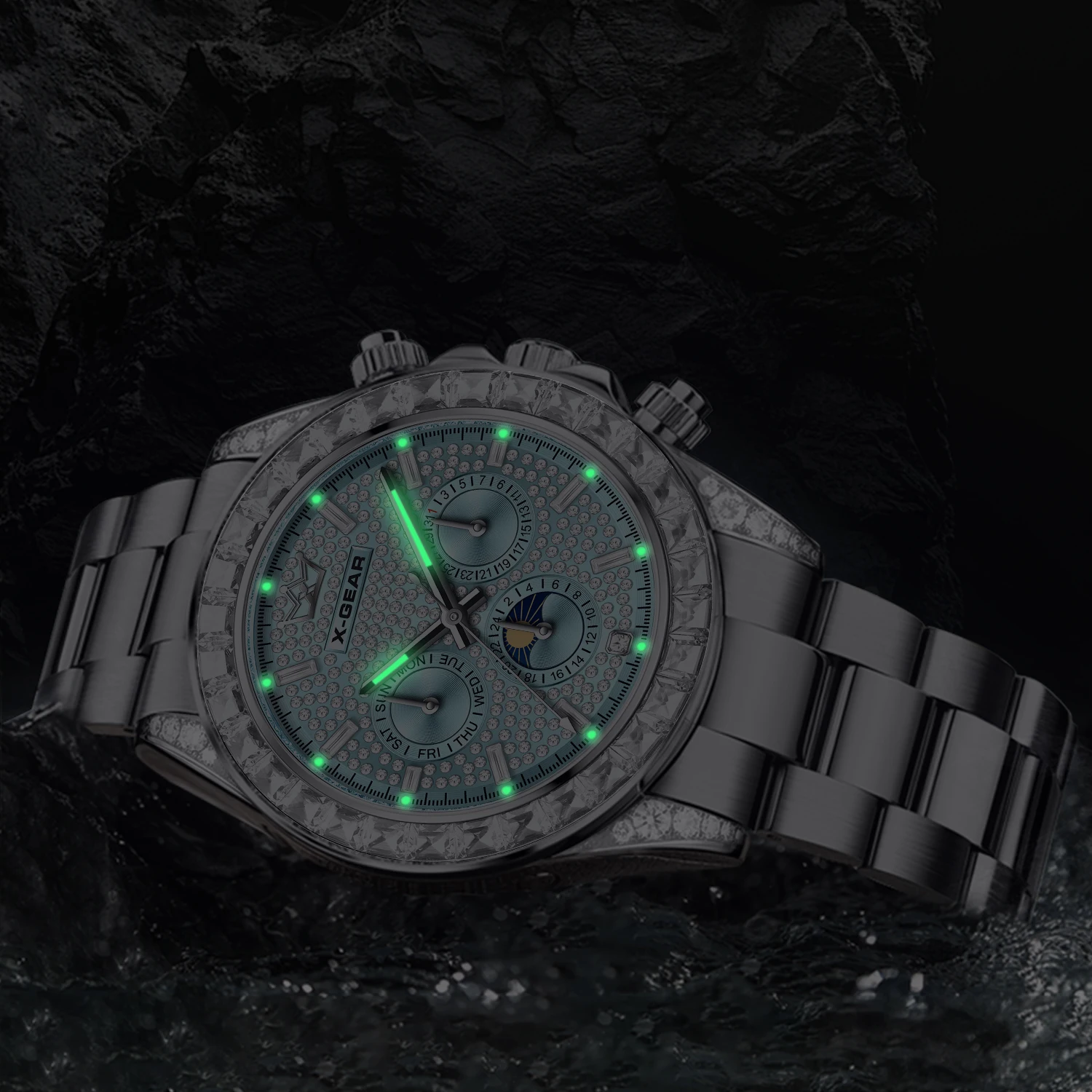 ساعة ميكانيكية أوتوماتيكية مرصعة بالألماس بالكامل، متعددة الوظائف، مقاومة للماء، حزام من الفولاذ المقاوم للصدأ