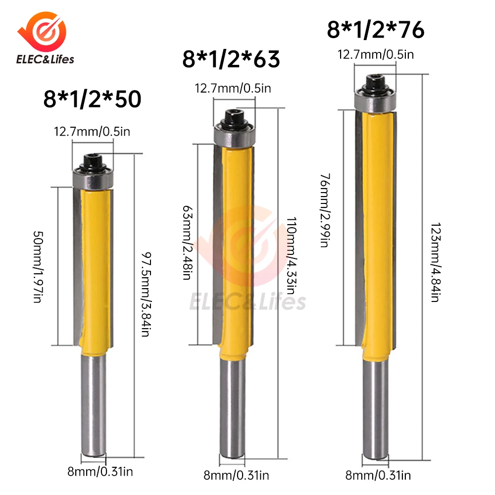 3 pezzi 8mm Shank Long Blade Flush Trim Router Bit con cuscinetto per modello di legno Bit fresa in carburo di tungsteno