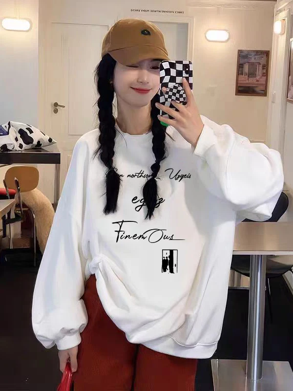 

Белый круглый свитшот для женщин, тонкий, в американском ретро-стиле, свободного кроя, с мультяшным принтом, с длинными рукавами, из полиэфирного волокна, для ранней осени.