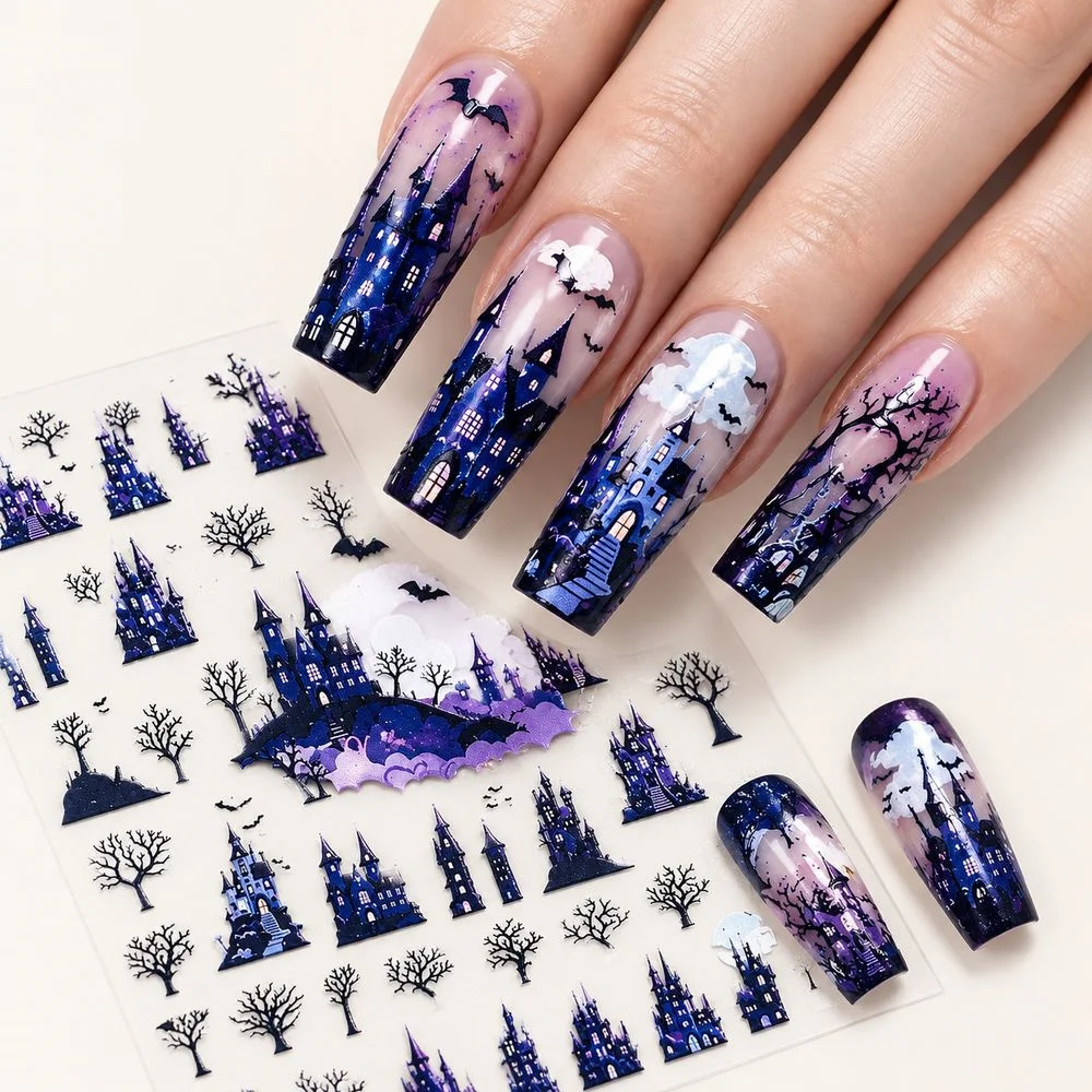 5D Purple Magic Castle Nail Stickers Halloween Embossed Bat Shiny Design Self-Adhesive Nail Art Decals for DIY Manicure Decor