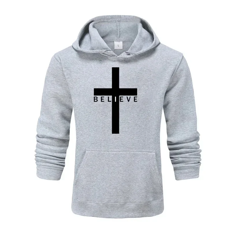 Men\'s Faith Hoodies Cross I Believe Jesus Print Sweatshirt Man Designer Casual Warm Hooded Tops Streetwear High Quality Outwear