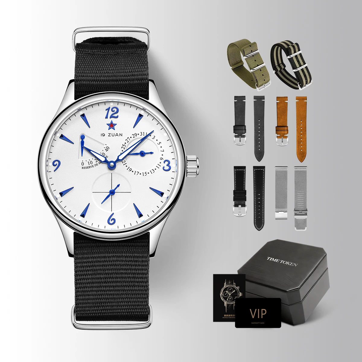 TIME TOKEN 1963 Men's Automatic Watch Stainless Steel Case Sapphire Glass Luminous Dial 50m Waterproof Calendar Pilot Wristwatch