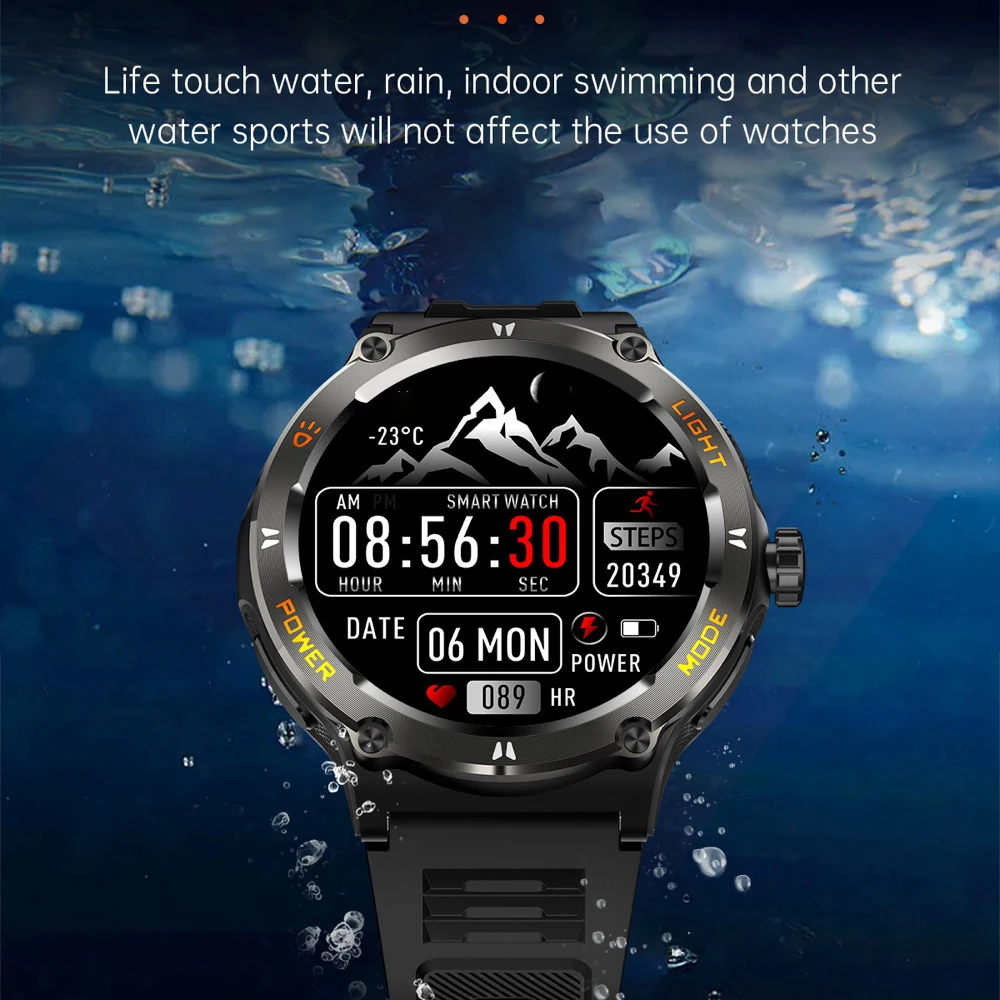 男性と女性のための防水スポーツスマートウォッチ、強力な懐中電灯、sos、helpモード、コンパス、青い歯の通話、屋外スマートウォッチ、3気圧