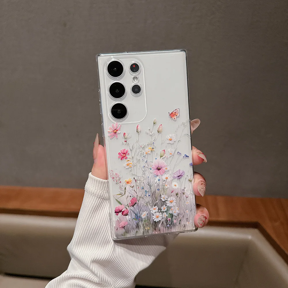 For Samsung Galaxy S21 S22 S23 S24 Ultra Plus FE Case Transparent Flower Shockproof Protection Soft silicone Cover Accessories