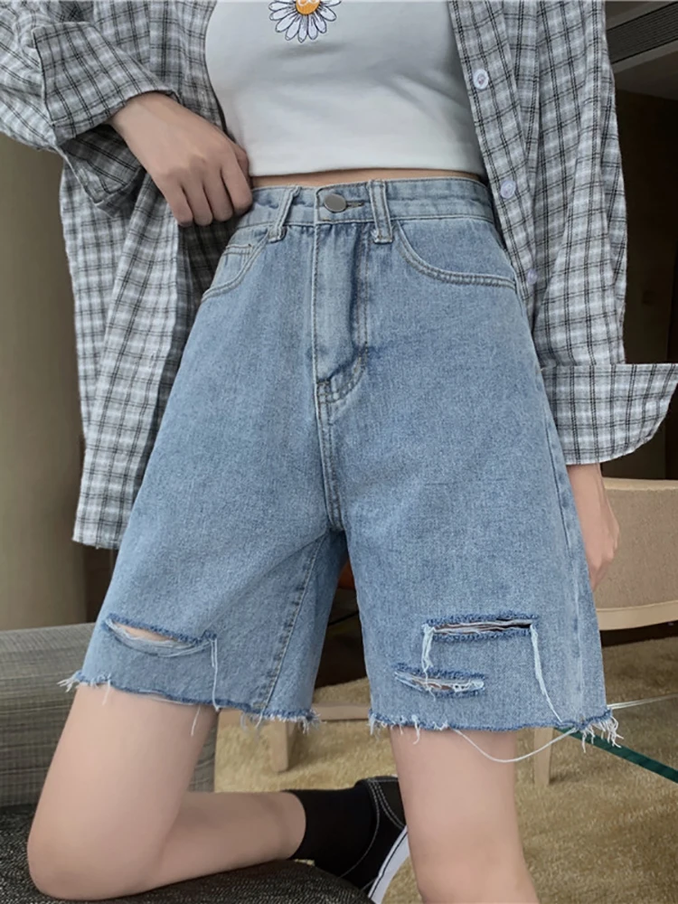 

High Waist Straight Leg Short Jeans Women's Hong Kong Style Ripped Denim Spring Summer New Arrival Slimming Wide Leg Pants