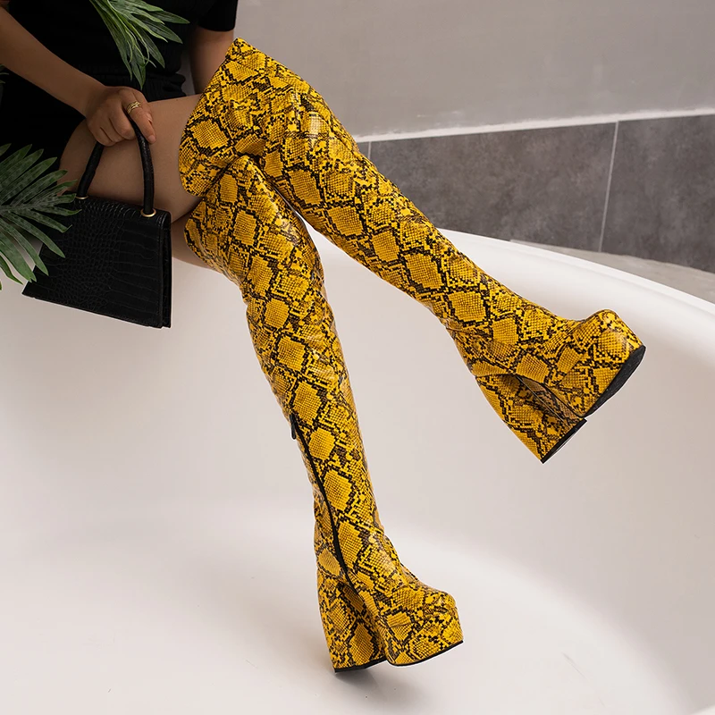 Plus Size Snake Pattern Super High Profile Thick Heel Catwalk Women\'s Over The Knee Boots High Waterproof Platform Long Shoes